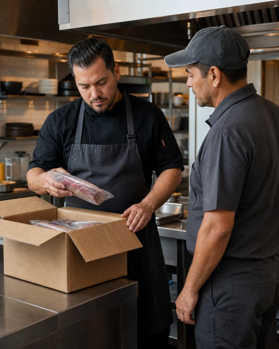 Un chef y personal de distribución revisan un pedido de proteínas en una cocina profesional